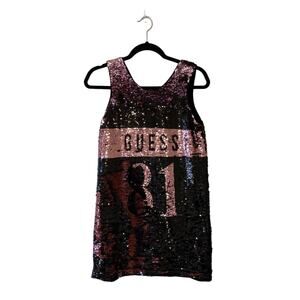 Guess S tank top pink black reversible sequins dance party sporty 81 spellout